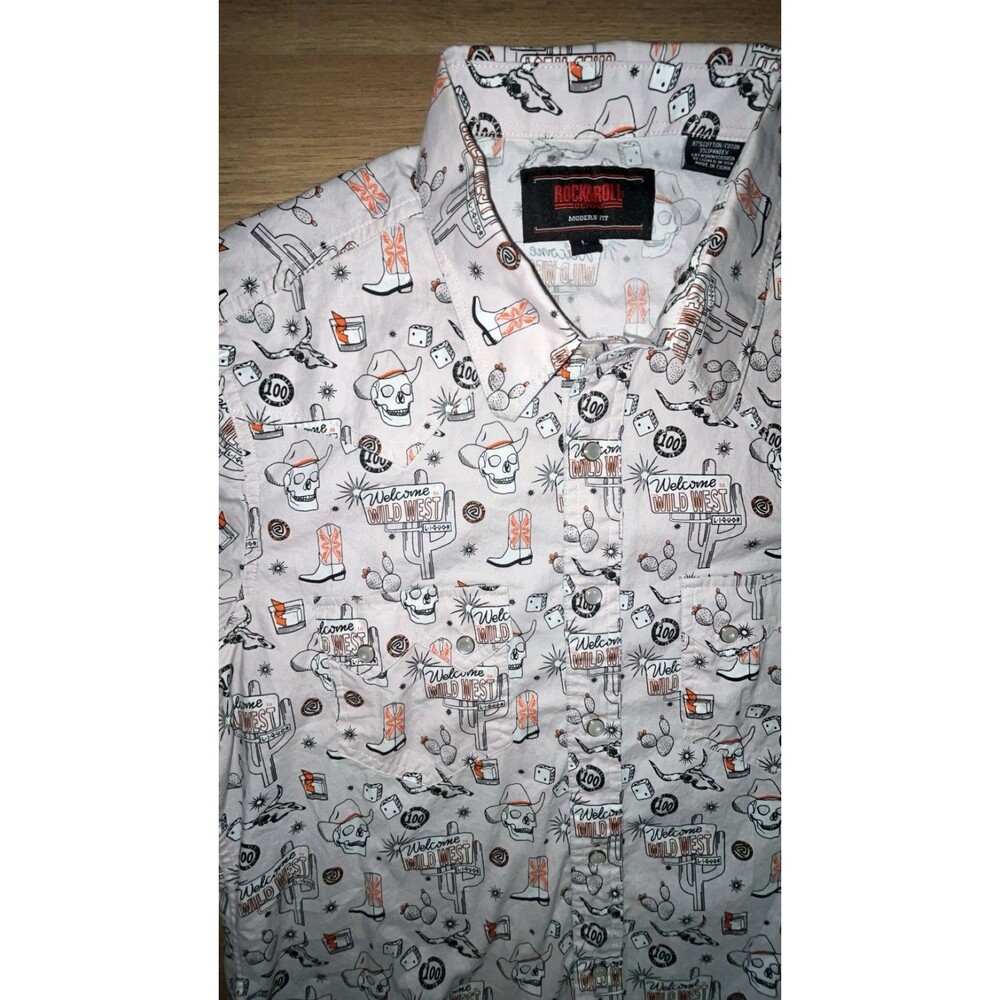 Men’s Rock & Roll Skeleton Wild West Western Pearl Button Down Shirt Large SS - Picture 4 of 7